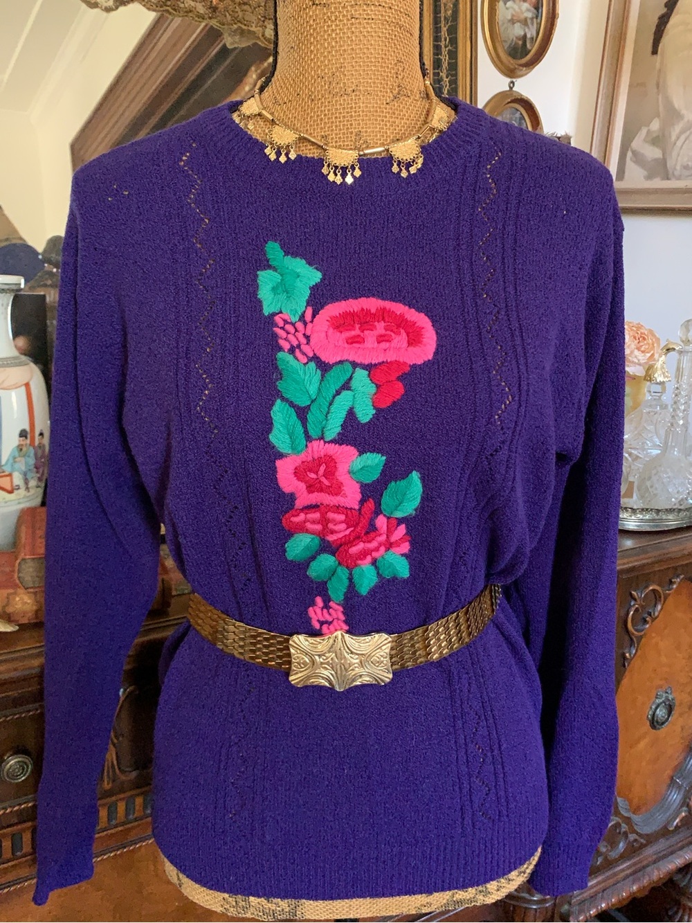 Vintage 90's Purple Floral Embroidered Sweater Blouse